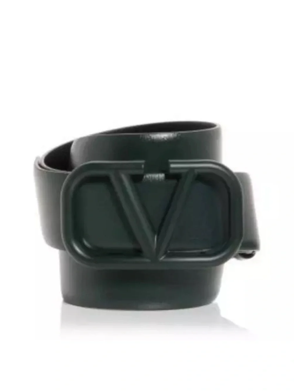 Valentino Garavani V-Logo Plaque Leather Belt in Olive Green, Size 90 New w/Tag
